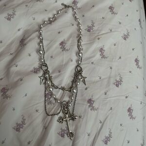 Y2K Gothic Cross in white with pearls and stars